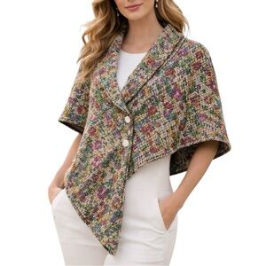 Y2K Multi Color Tweed Collar Cape Jacket Asymmetrical Button Front Lined Large